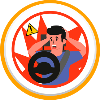 Illustration of a shocked driver holding his head with a warning sign and steering wheel in the foreground.