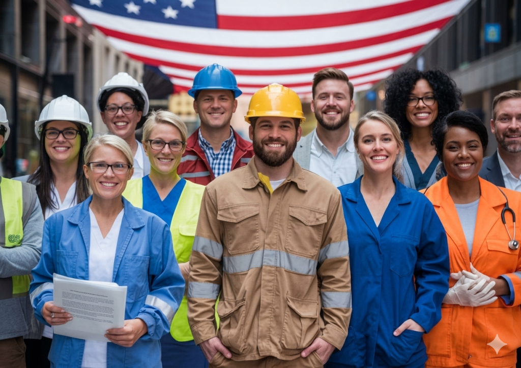 A diverse group of workers in uniforms and hard hats stands smiling under a large American flag.