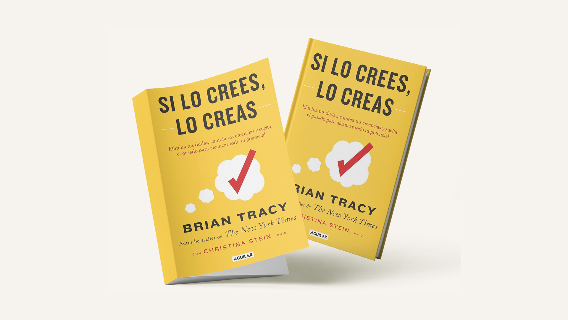 Two yellow books titled "Si lo crees, lo creas" by Brian Tracy with a red checkmark on the cover.