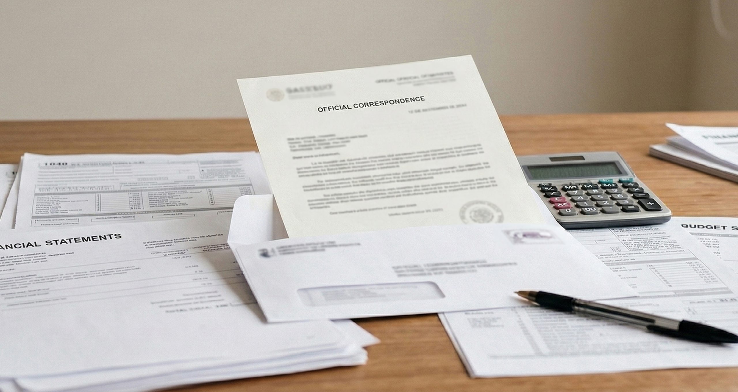 Assorted financial documents, official letters, a calculator, and a pen on a wooden desk.