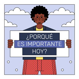 Person holding a sign that says "¿POR QUÉ ES IMPORTANTE HOY?" with clouds in the background.