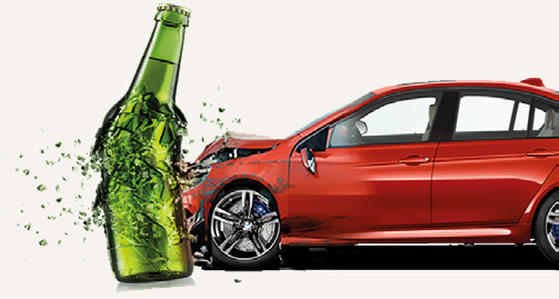 A red car crashes into a green beer bottle, shattering the bottle on impact.