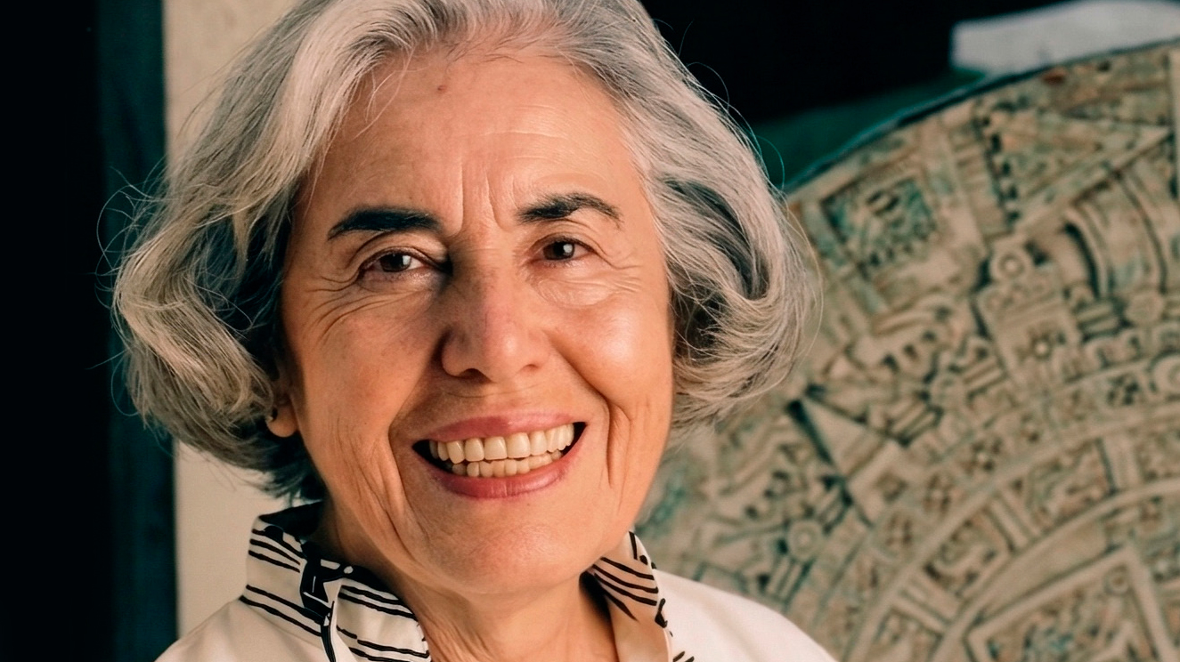 Mary-Virginia-Orozco-LA-PRIMERA-ABOGADA-LATINA-EN-CALIFORNIA Smiling older woman with gray hair in front of an ancient circular carved stone.