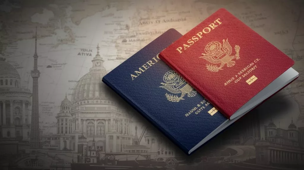 Two American passports, one blue and one red, placed on a world map background with landmarks drawn.