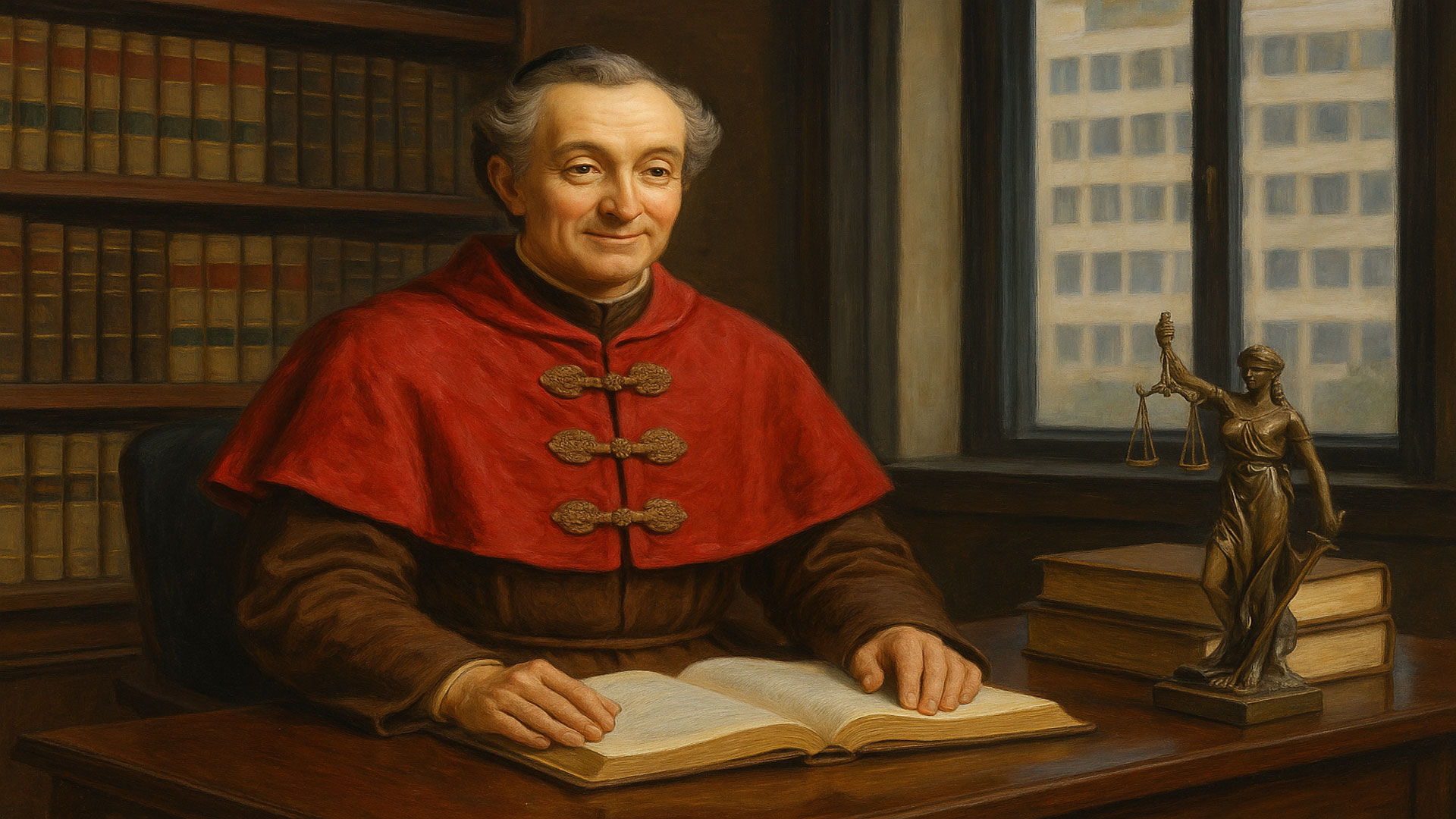 san-ivo-de-kermartin-es-el-santo-patrono-de-los-abogados A smiling man in a red robe sits at a desk with an open book and a Lady Justice statue, in a library.