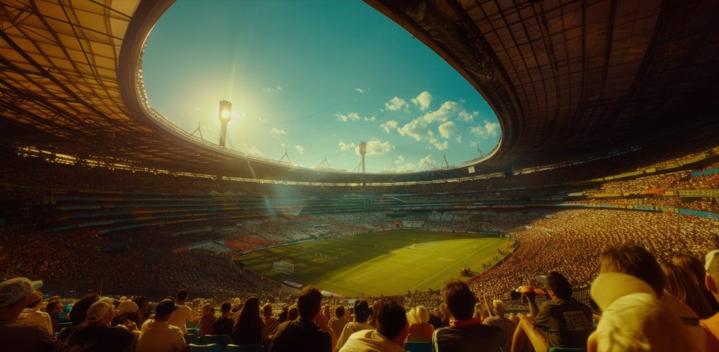Crowds fill a large stadium under a bright sun, watching a soccer match on the green field below.