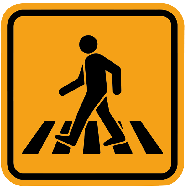 Yellow pedestrian crossing sign with a person walking on a crosswalk.