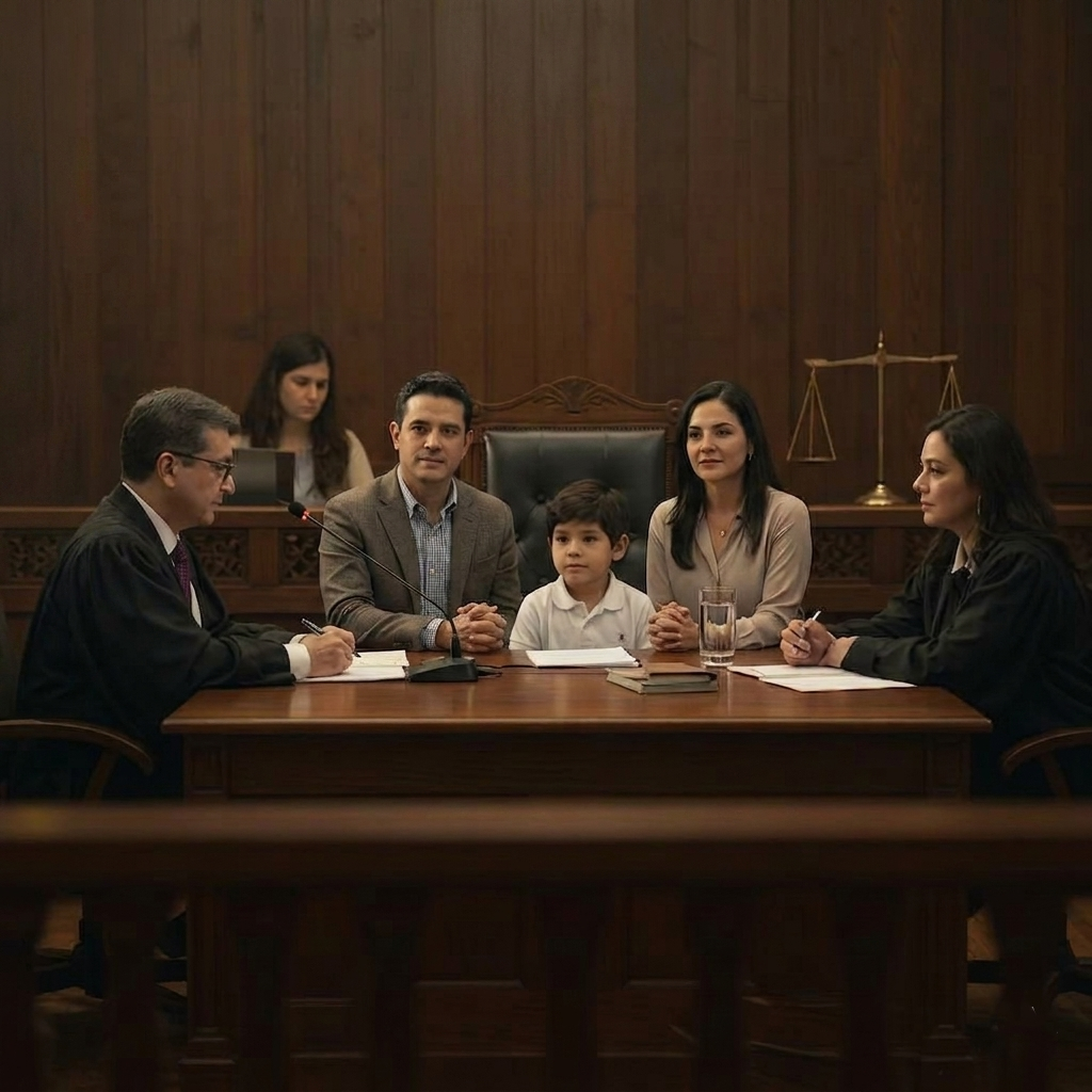 A family and their child sit with two judges in a courtroom, with a scale of justice in the background.