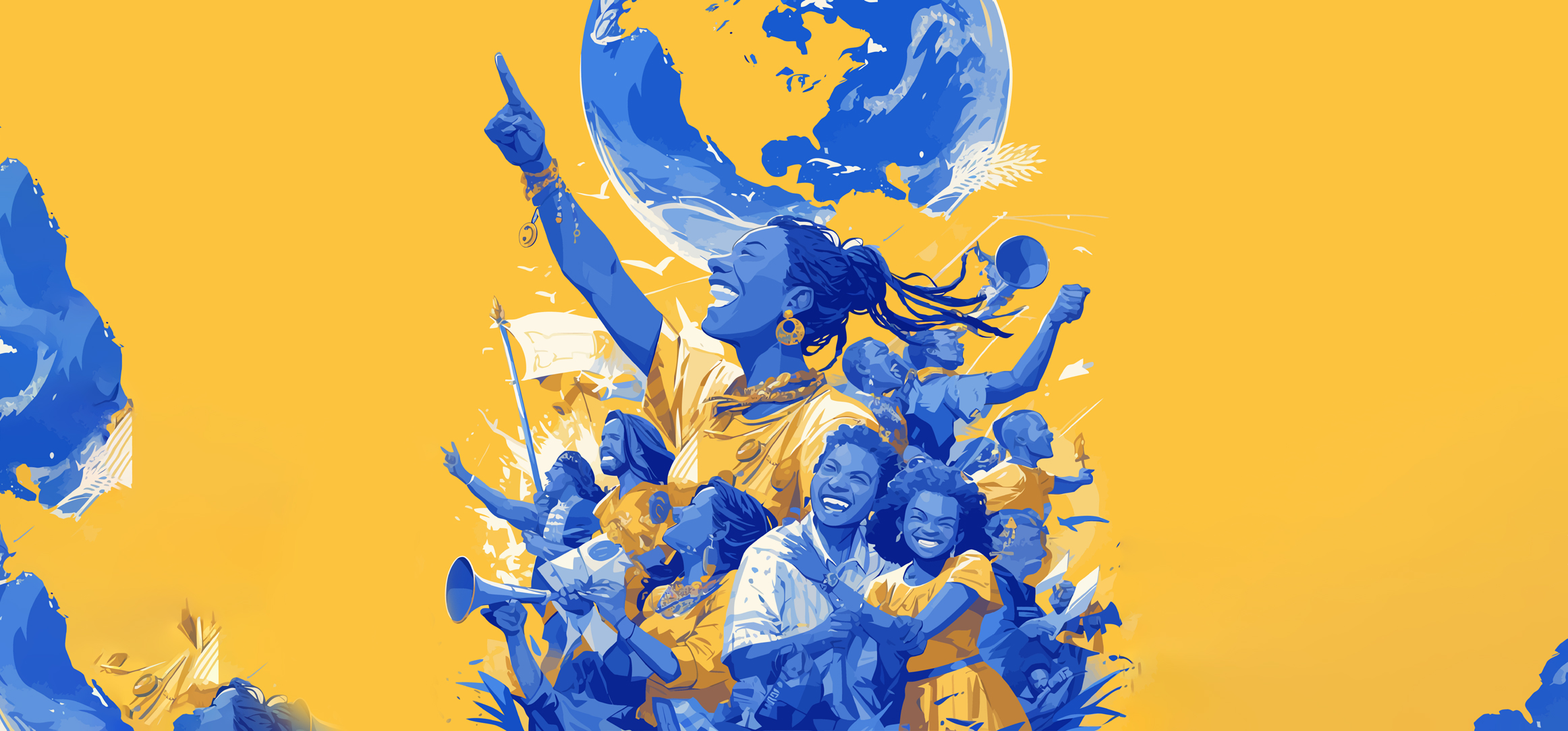 A joyful group of diverse children celebrate under a blue Earth on a yellow background.