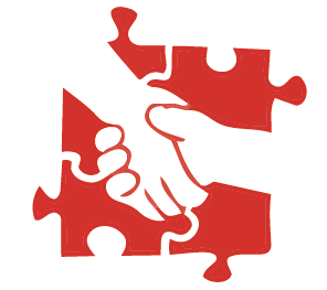 Two hands shaking inside a red puzzle piece, symbolizing teamwork and cooperation.