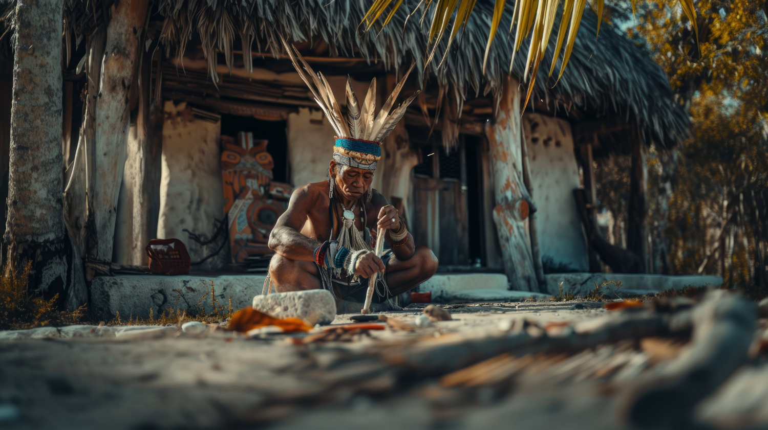 An indigenous man wearing a feathered headdress kneels in front of a thatched-roof structure while crafting a tool.