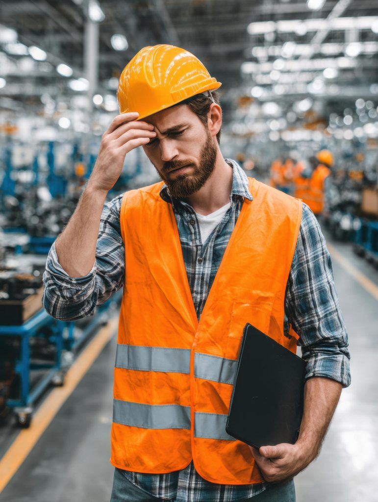 A stressed factory worker in a hard hat and safety vest holds a tablet while rubbing his forehead.