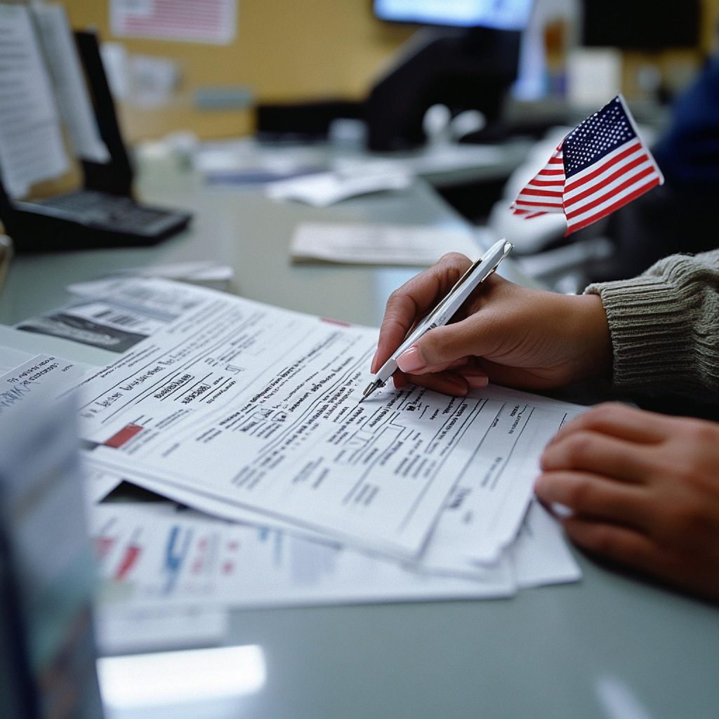 A person signs a document at a desk with a small American flag nearby.